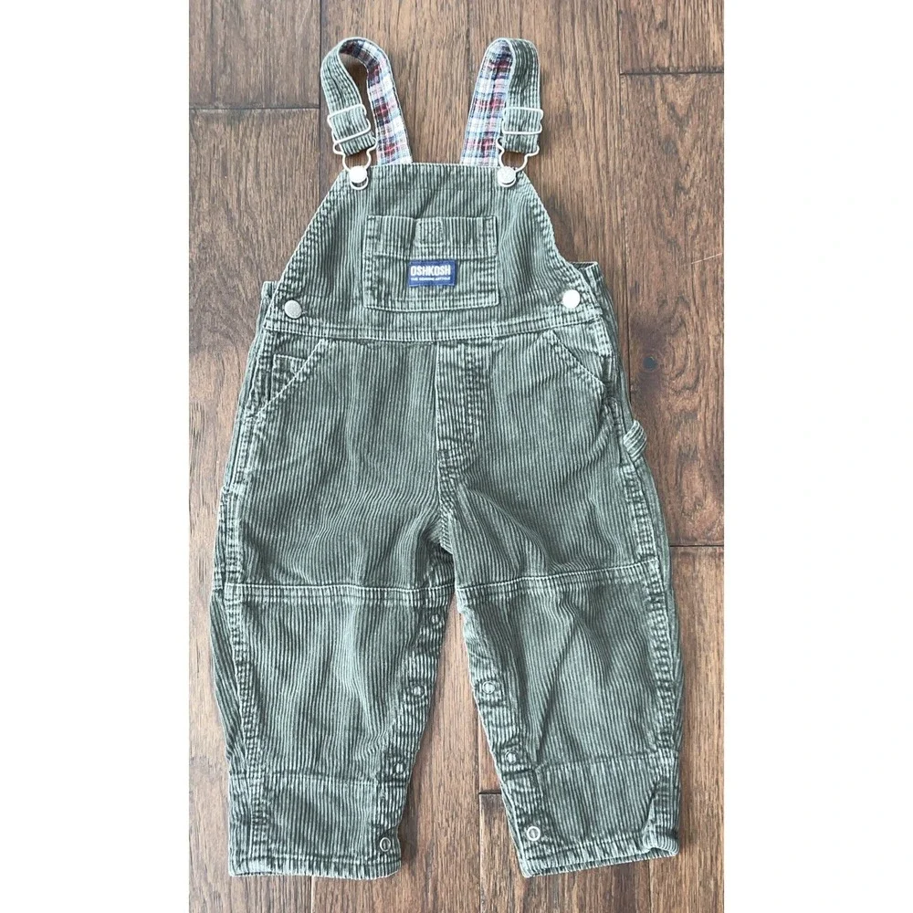 Vintage‎ Oshkosh Olive Green Corduroy Overalls Boys Girls 18 Month Toddler
